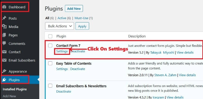 Configure Click On Settings Contact Form 7