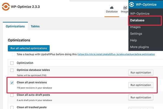WP Optimize Clean All Post Revisions