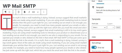 WordPress Setting Drop Cap Toggle On