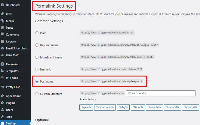 WordPress Site Permalink Settings