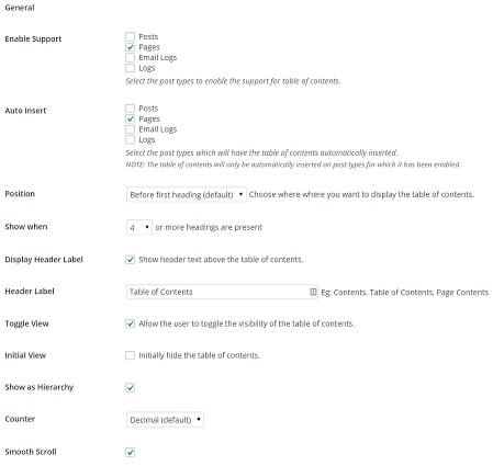 Easy Table Of Contents General Settings